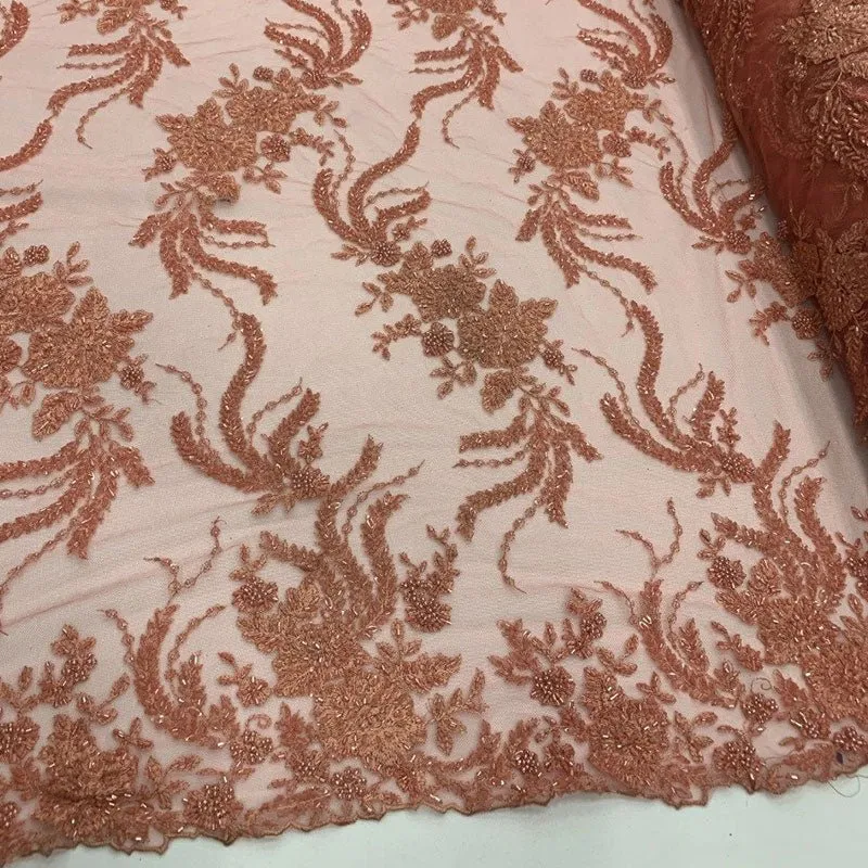FRENCH FLOWERS BEADED MESH LACE FABRIC BY THE YARD