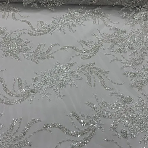 FRENCH FLOWERS BEADED MESH LACE FABRIC BY THE YARD