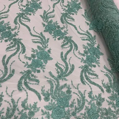 FRENCH FLOWERS BEADED MESH LACE FABRIC BY THE YARD
