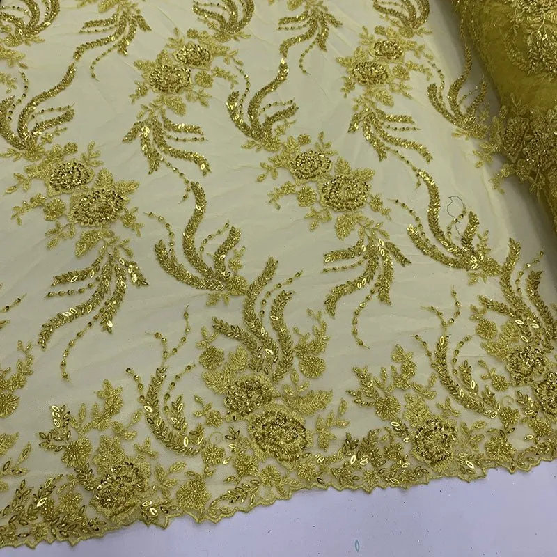 FRENCH FLOWERS BEADED MESH LACE FABRIC BY THE YARD
