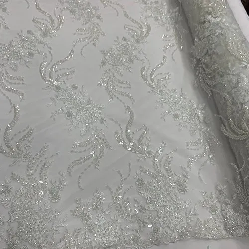 FRENCH FLOWERS BEADED MESH LACE FABRIC BY THE YARD