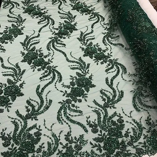 FRENCH FLOWERS BEADED MESH LACE FABRIC BY THE YARD