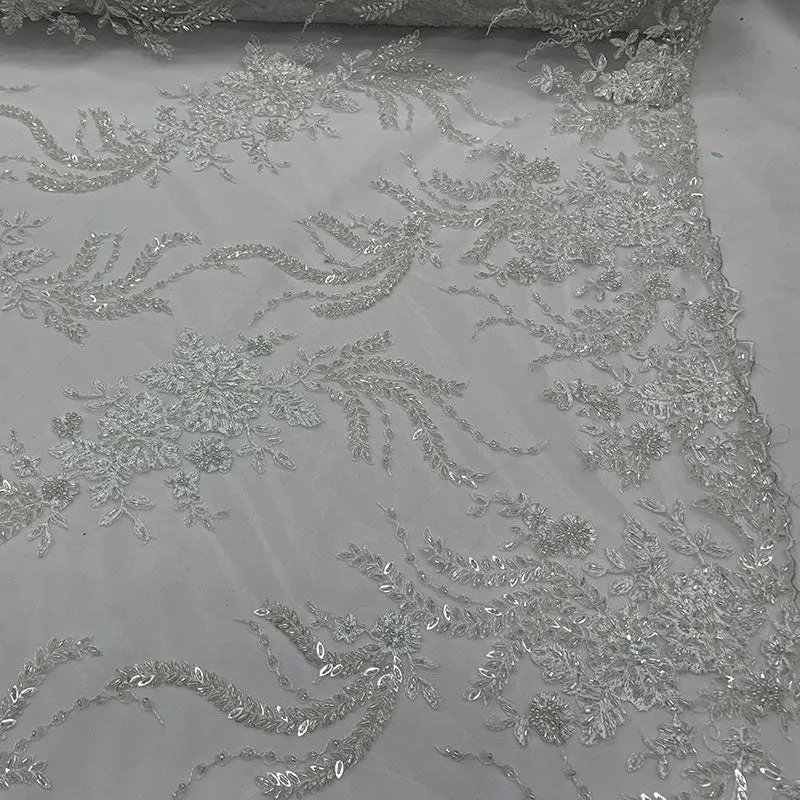 FRENCH FLOWERS BEADED MESH LACE FABRIC BY THE YARD