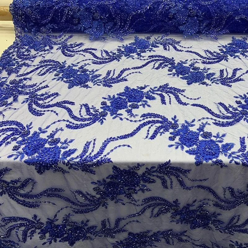 FRENCH FLOWERS BEADED MESH LACE FABRIC BY THE YARD