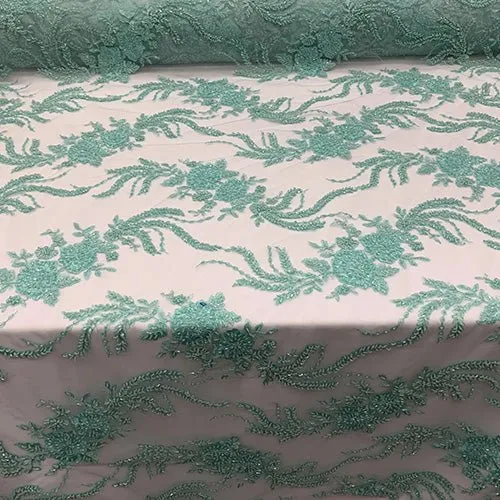 FRENCH FLOWERS BEADED MESH LACE FABRIC BY THE YARD