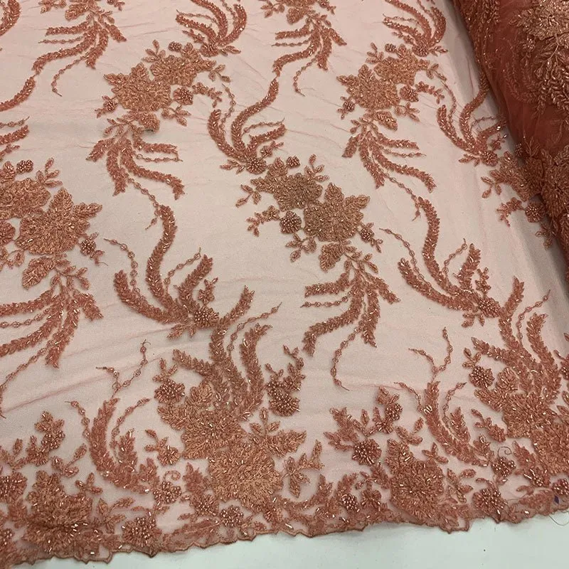 FRENCH FLOWERS BEADED MESH LACE FABRIC BY THE YARD