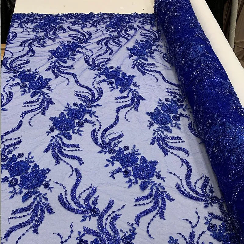 FRENCH FLOWERS BEADED MESH LACE FABRIC BY THE YARD