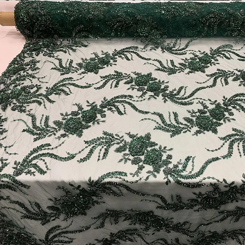 FRENCH FLOWERS BEADED MESH LACE FABRIC BY THE YARD