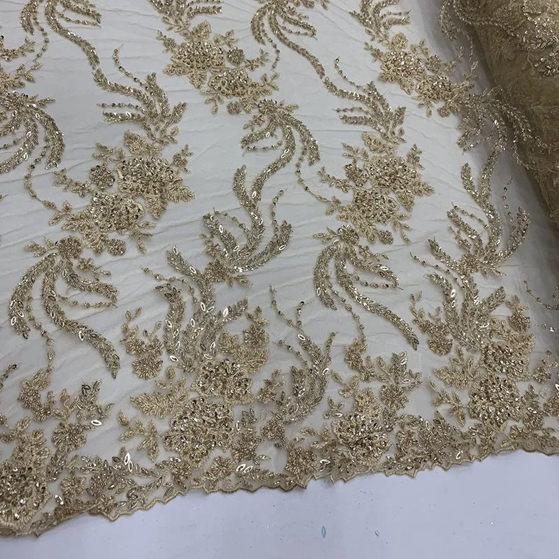 FRENCH FLOWERS BEADED MESH LACE FABRIC BY THE YARD