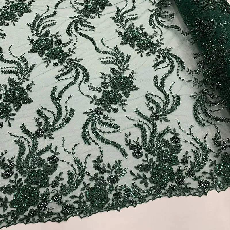 FRENCH FLOWERS BEADED MESH LACE FABRIC BY THE YARD