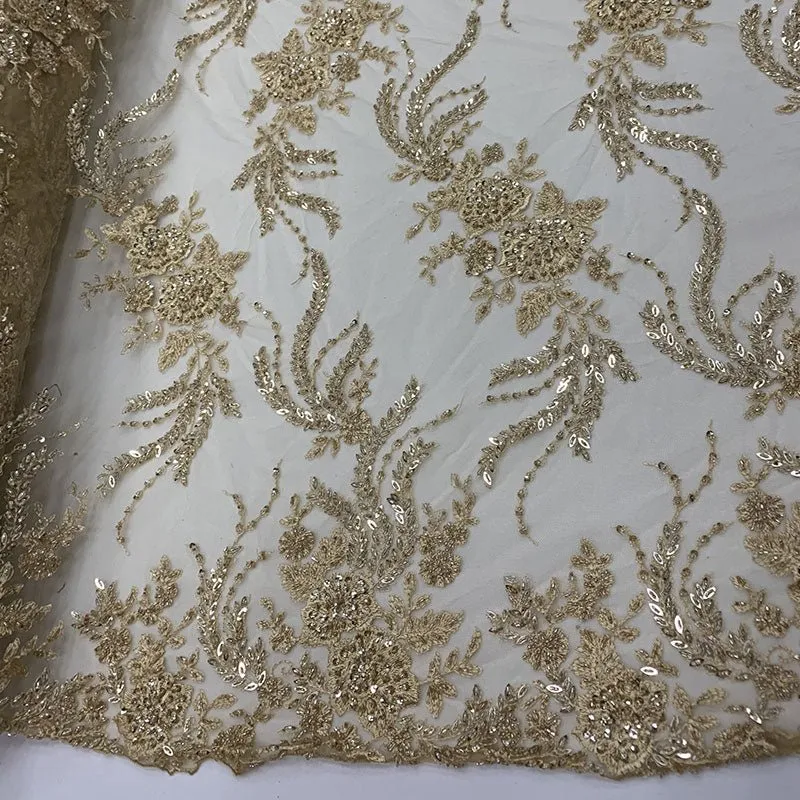 FRENCH FLOWERS BEADED MESH LACE FABRIC BY THE YARD