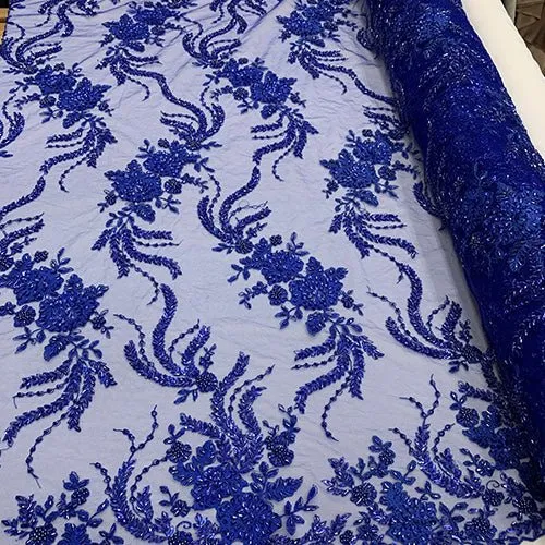 FRENCH FLOWERS BEADED MESH LACE FABRIC BY THE YARD