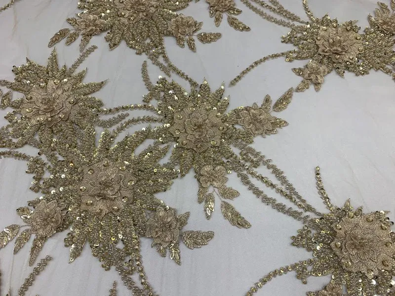 French Gold Modern 3D Flowers Beaded Mesh Lace Fabric By the Yard