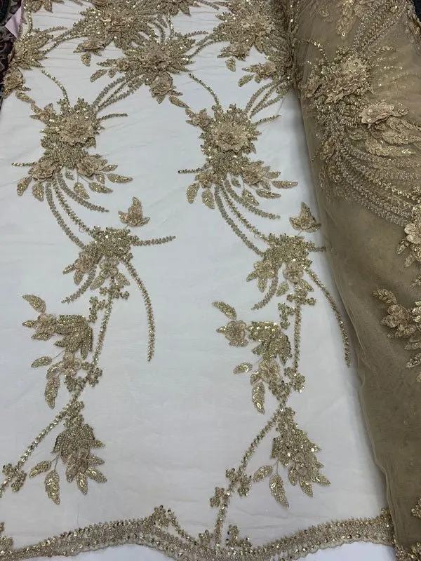 French Gold Modern 3D Flowers Beaded Mesh Lace Fabric By the Yard