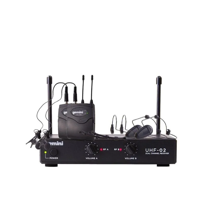 Gemini UHF-02HL Dual Channel Wireless System, Includes UHF Receiver, 2x Beltpack Transmitter and 2x Headset Lavalier Microphone