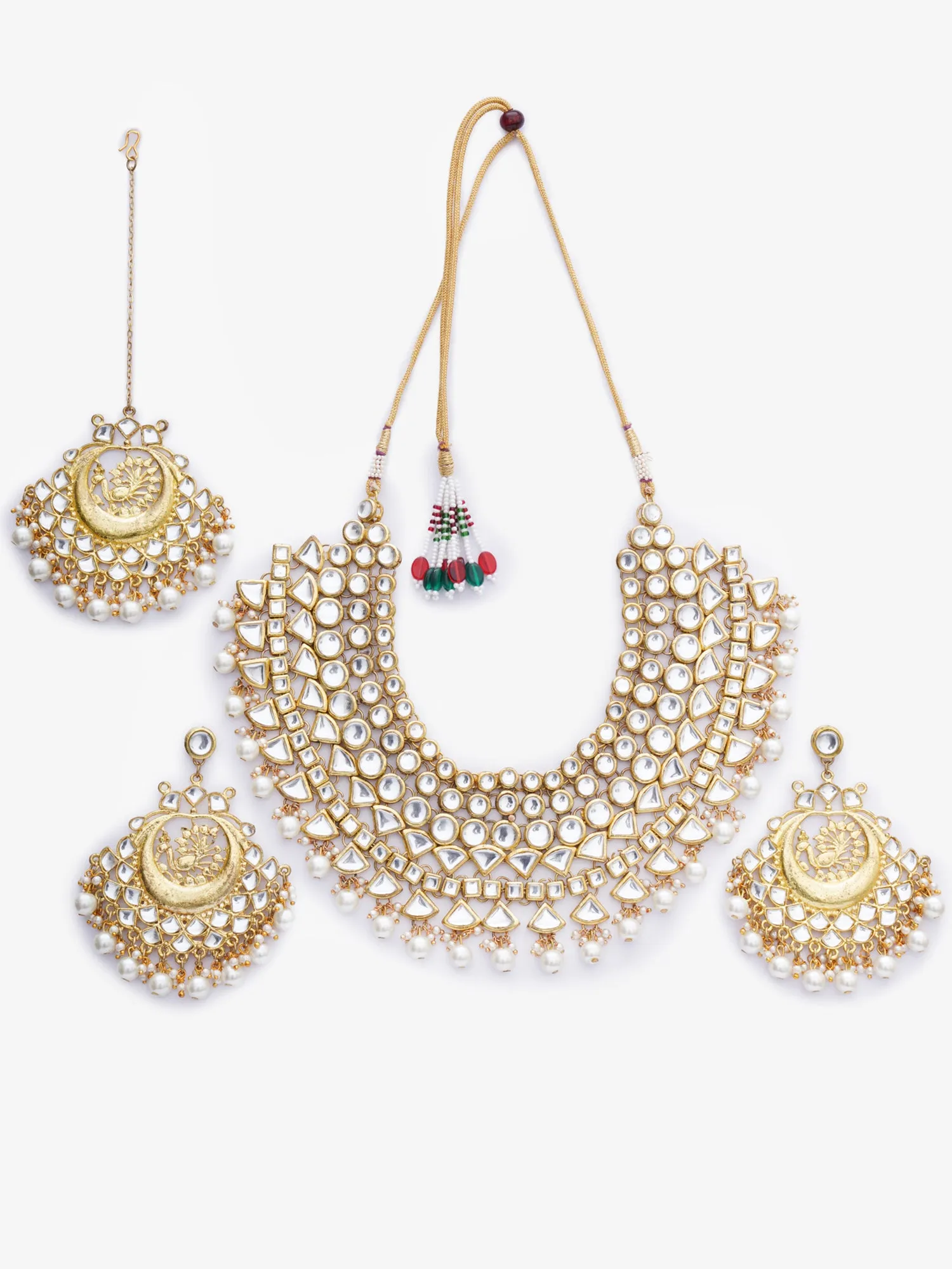 Gold Plated Pearl Beads Kundan Bridal Necklace Set