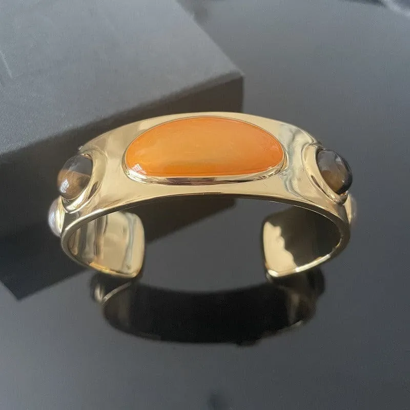 Gold-toned Cuff Bracelet with Retro Natural Stone Accents
