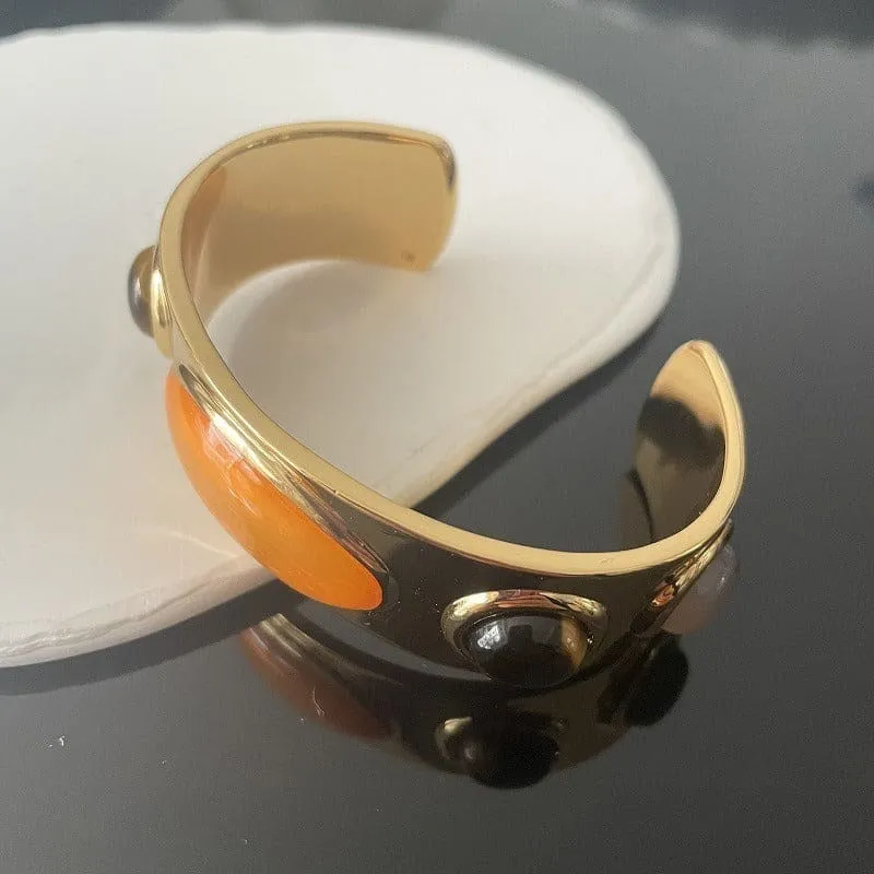 Gold-toned Cuff Bracelet with Retro Natural Stone Accents