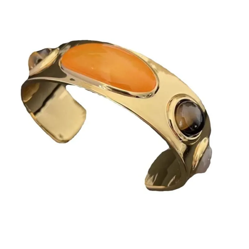 Gold-toned Cuff Bracelet with Retro Natural Stone Accents