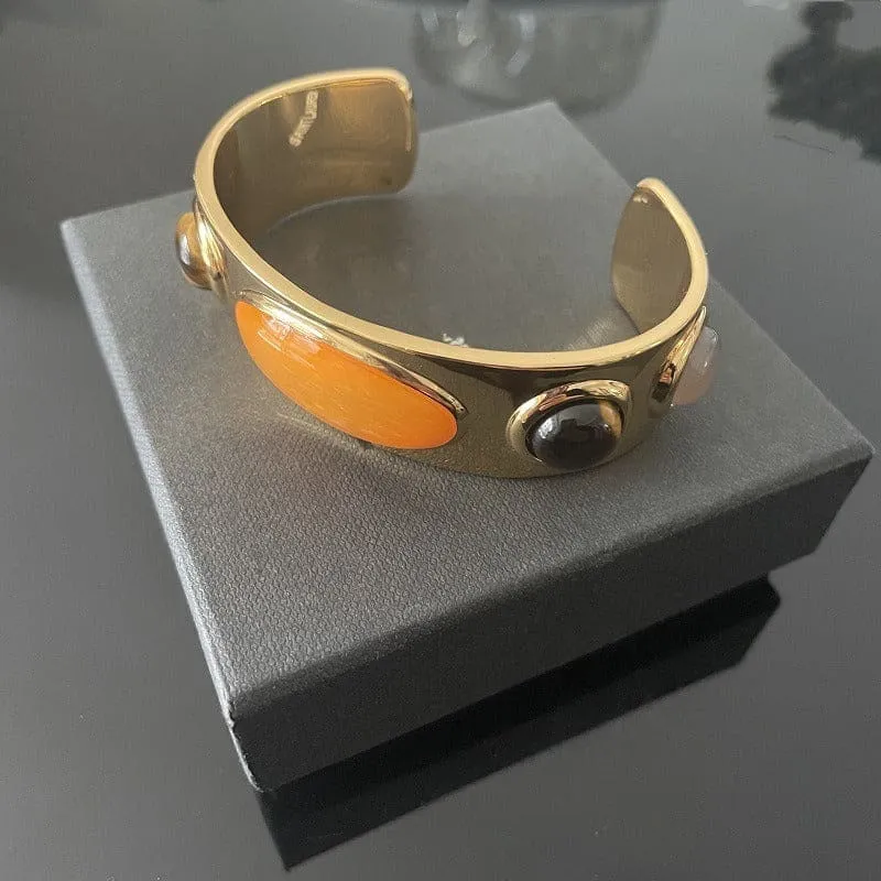 Gold-toned Cuff Bracelet with Retro Natural Stone Accents
