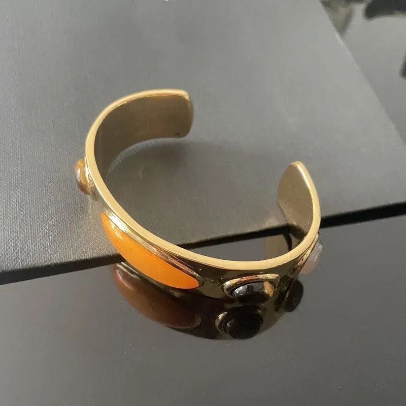 Gold-toned Cuff Bracelet with Retro Natural Stone Accents