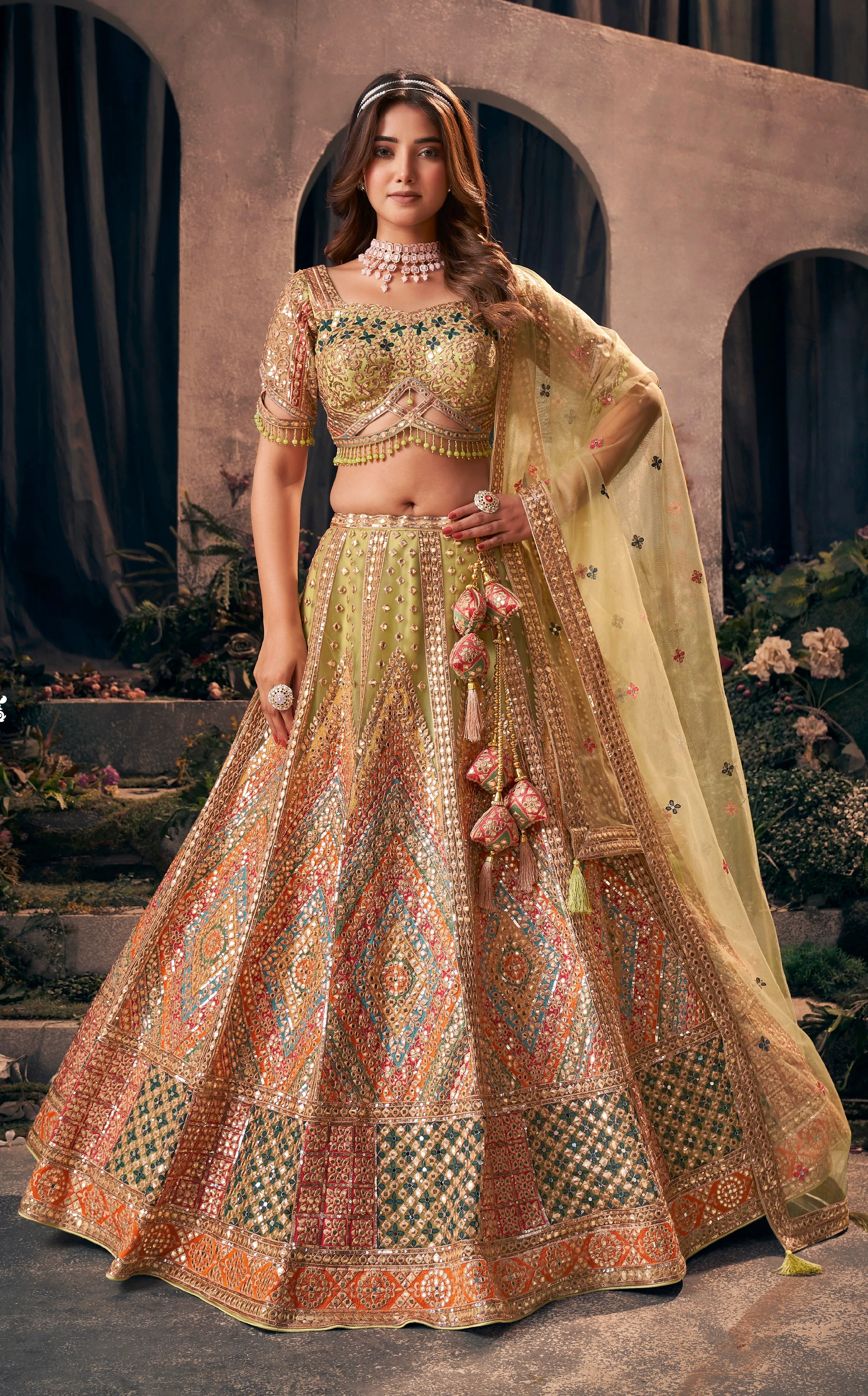 Golden & Multicolor Designer Bridal Lehenga with Gotapatti and Embroidery