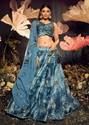 Graceful Dusty-Sky Sequins & Mirror Velvet Lehenga Choli