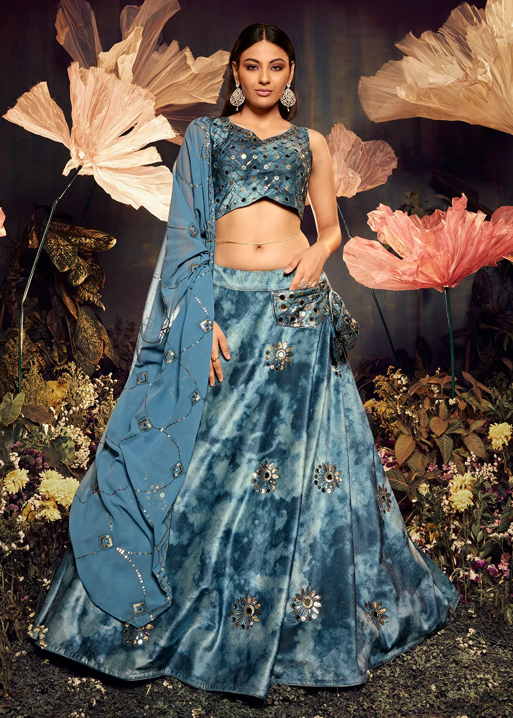 Graceful Dusty-Sky Sequins & Mirror Velvet Lehenga Choli