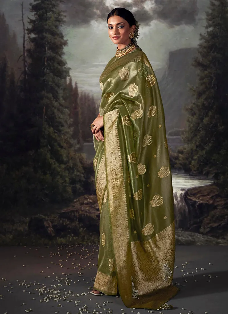Green Golden Crystal Stone Embellished Brocade Silk Saree