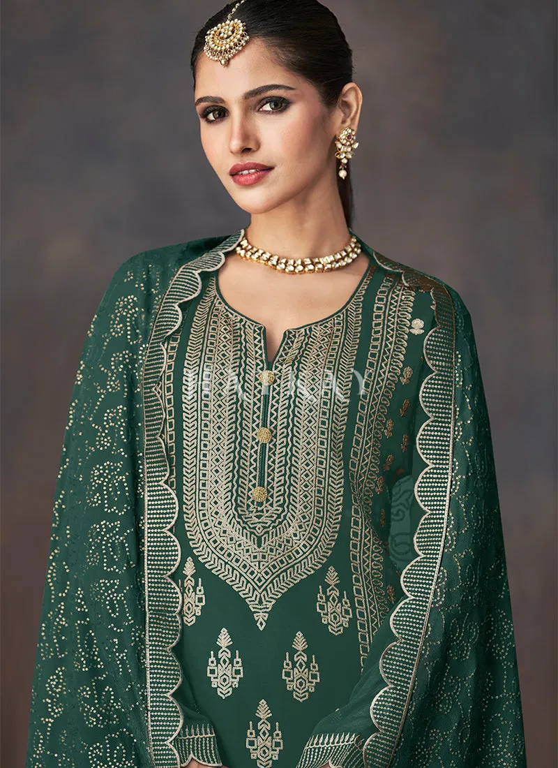 Green Golden Embroidered Sharara Style Suit