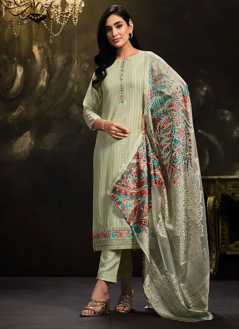 Green Multi Embroidery Traditional Silk Salwar Suit