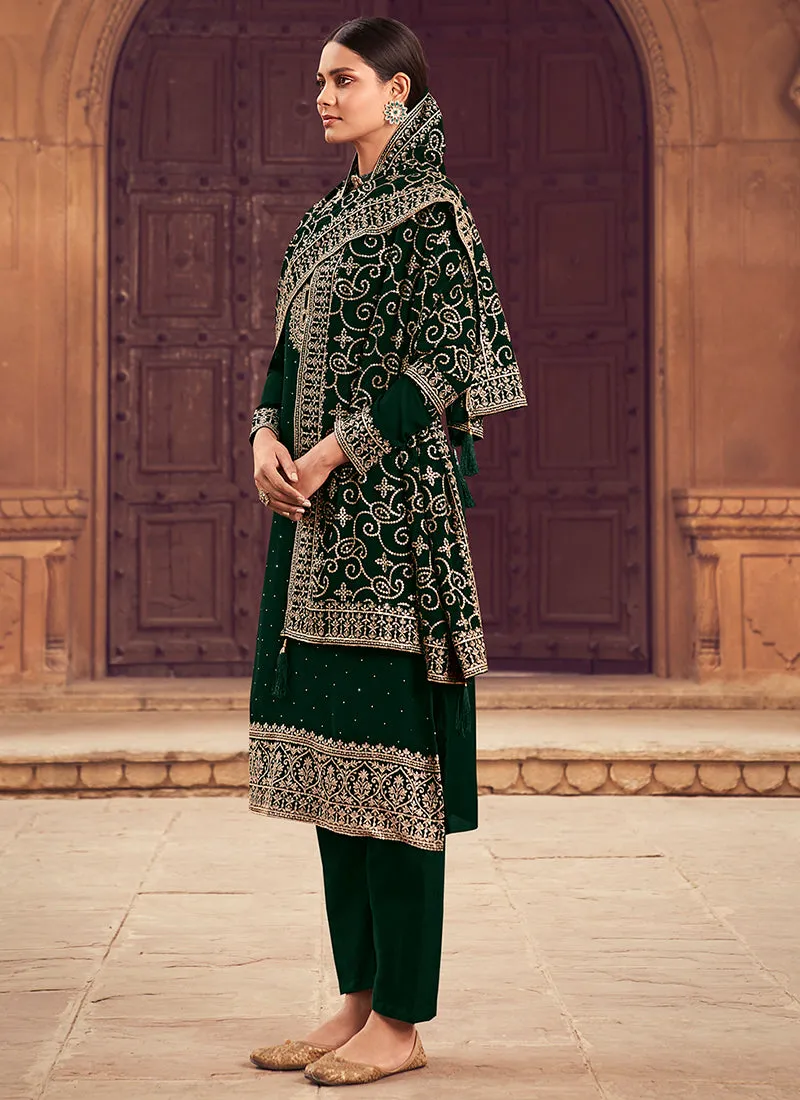 Green Sequence Embroidery Festive Pant Style Suit