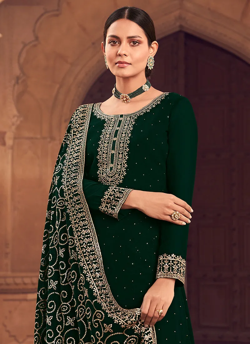 Green Sequence Embroidery Festive Pant Style Suit