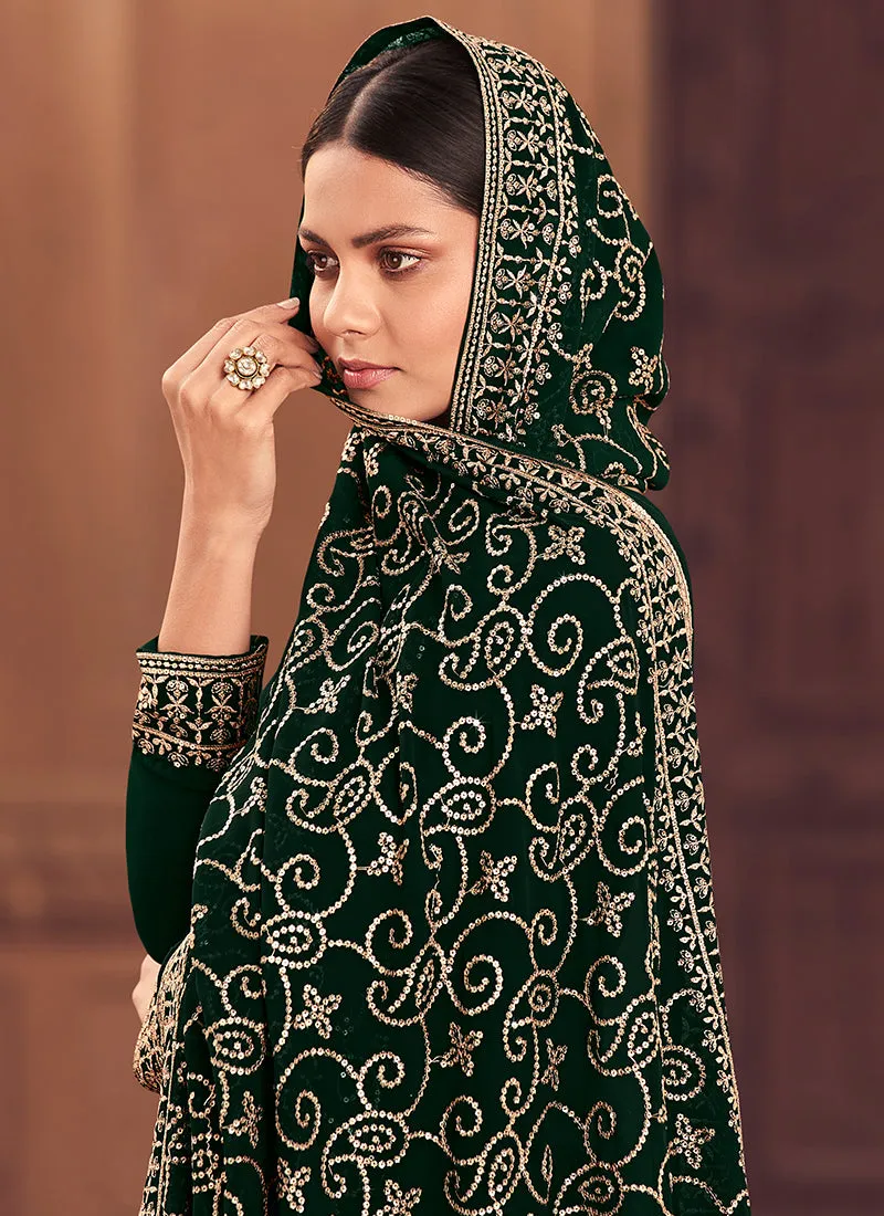 Green Sequence Embroidery Festive Pant Style Suit