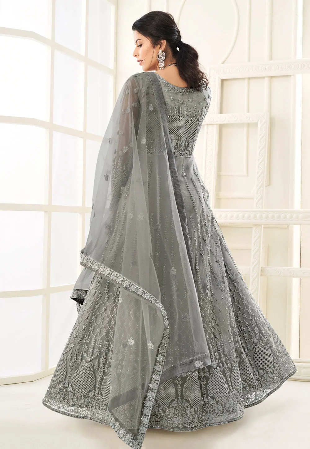 Grey Embroidered Wedding Anarkali Suit