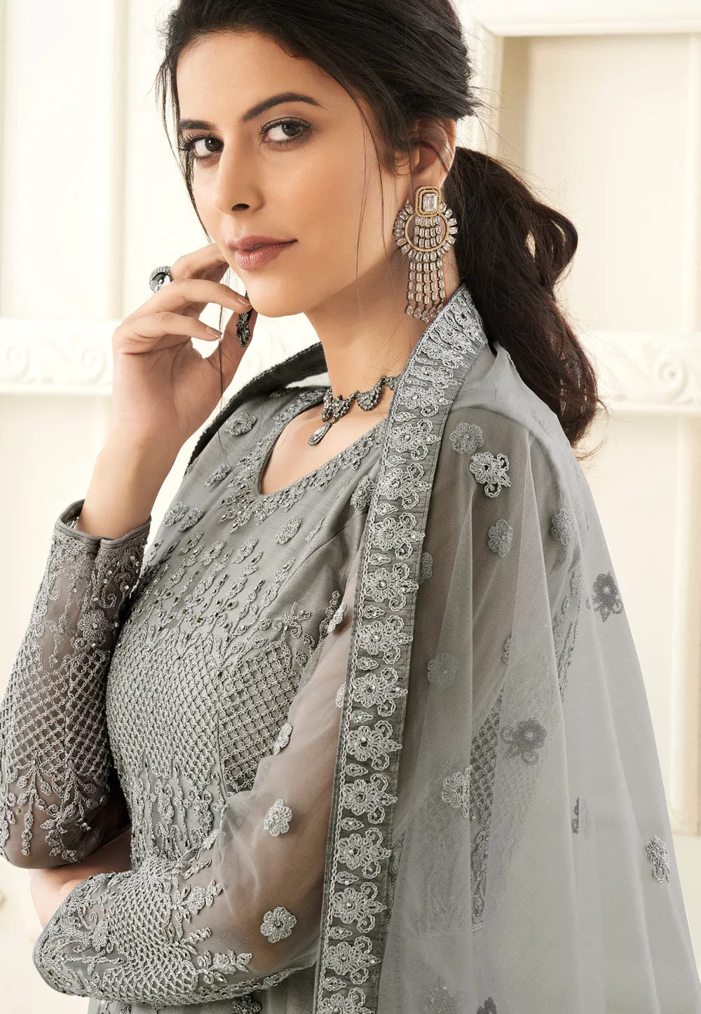 Grey Embroidered Wedding Anarkali Suit