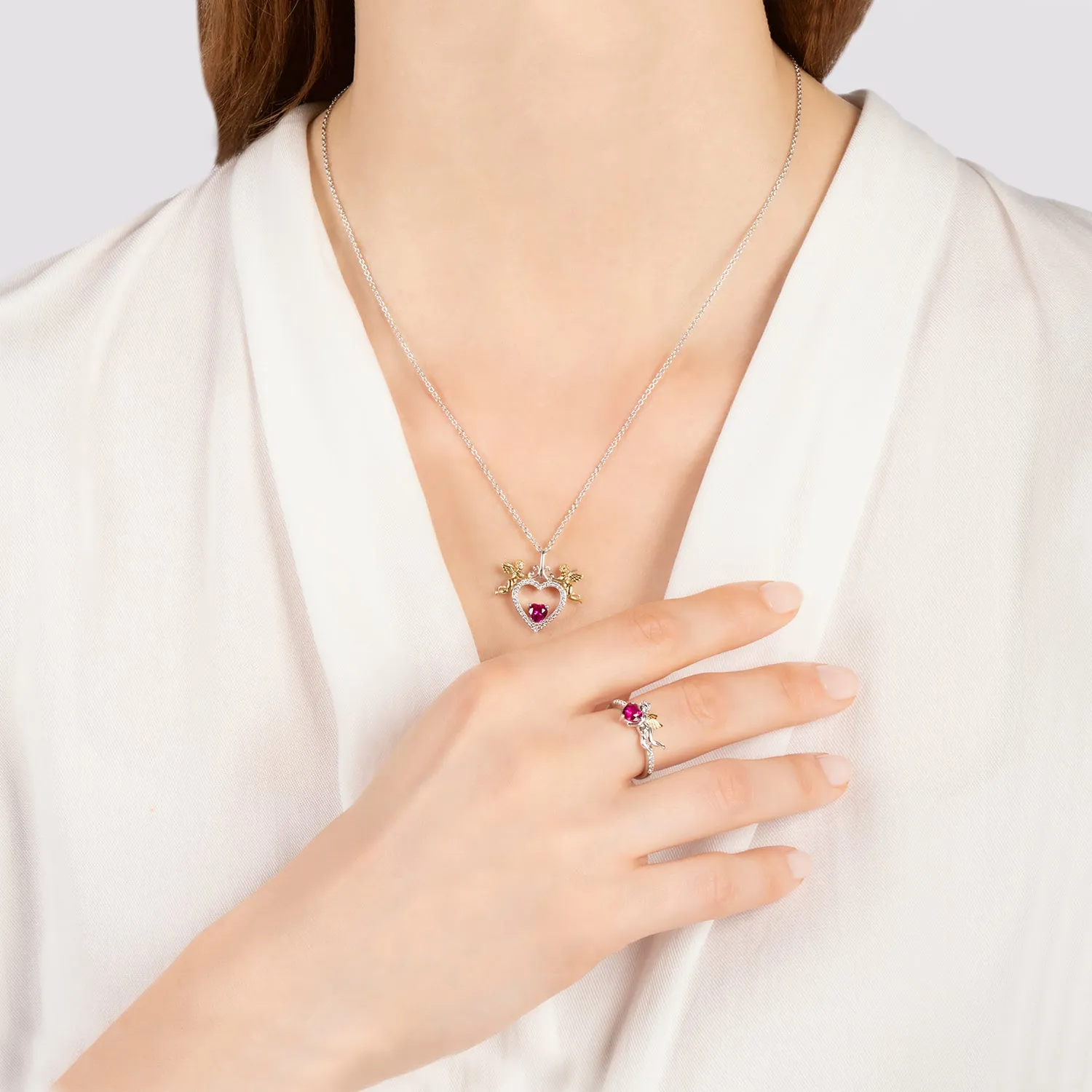 Hallmark Fine Jewelry Cupid’s Love Ring in Sterling Silver & 14K Yellow Gold with Diamonds & Created Ruby