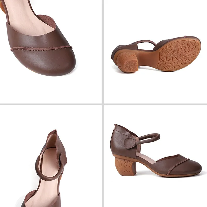Handmade Leather Pumps Mid Heel Mary Jane Sandals Ankle Strap in Green/Coffee/Apricot