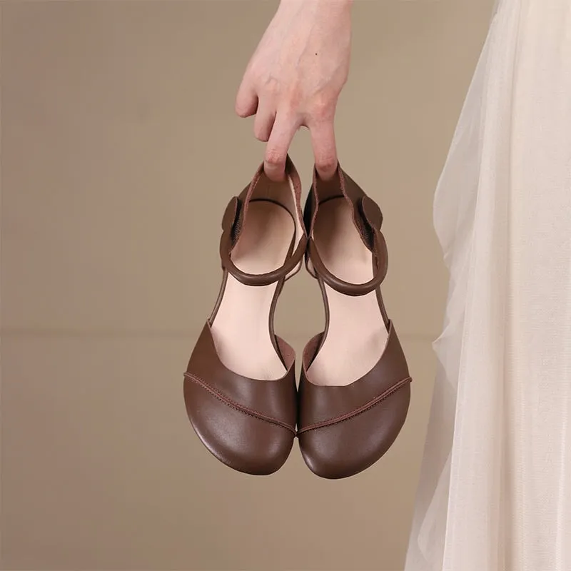 Handmade Leather Pumps Mid Heel Mary Jane Sandals Ankle Strap in Green/Coffee/Apricot