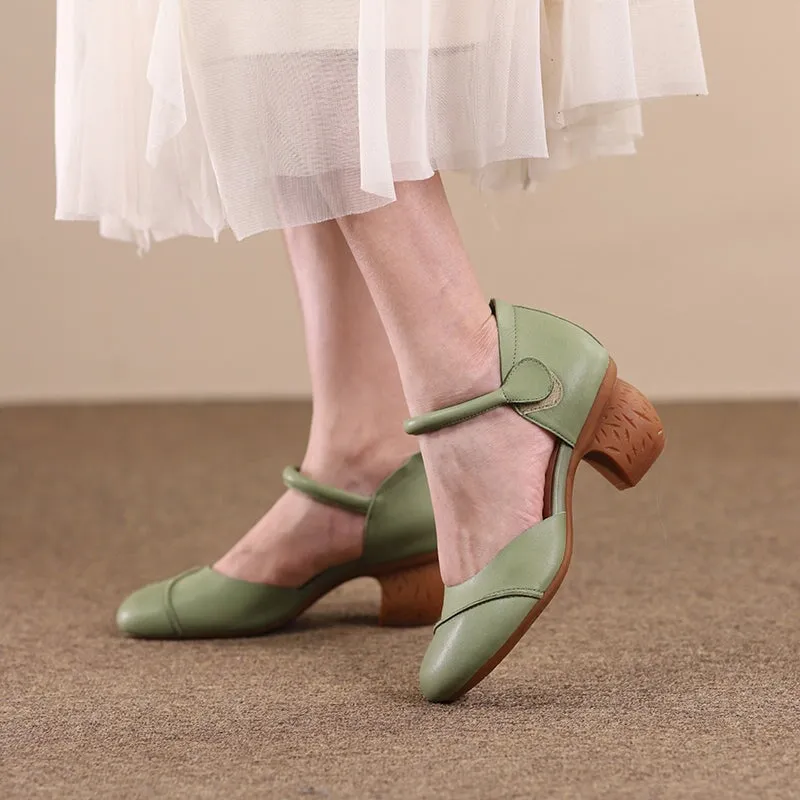 Handmade Leather Pumps Mid Heel Mary Jane Sandals Ankle Strap in Green/Coffee/Apricot