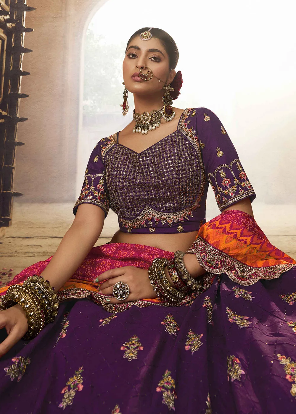 Heavy Viscose Deep Purple Embroidered Bridal Lehenga Choli