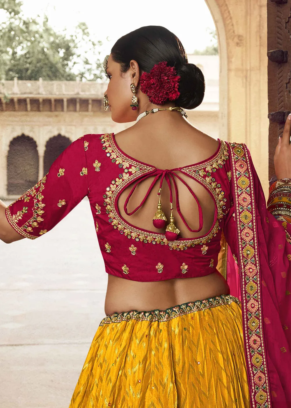 Heavy Viscose Mustard & Maroon Embroidered Bridal Lehenga Choli