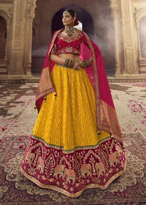 Heavy Viscose Mustard & Maroon Embroidered Bridal Lehenga Choli