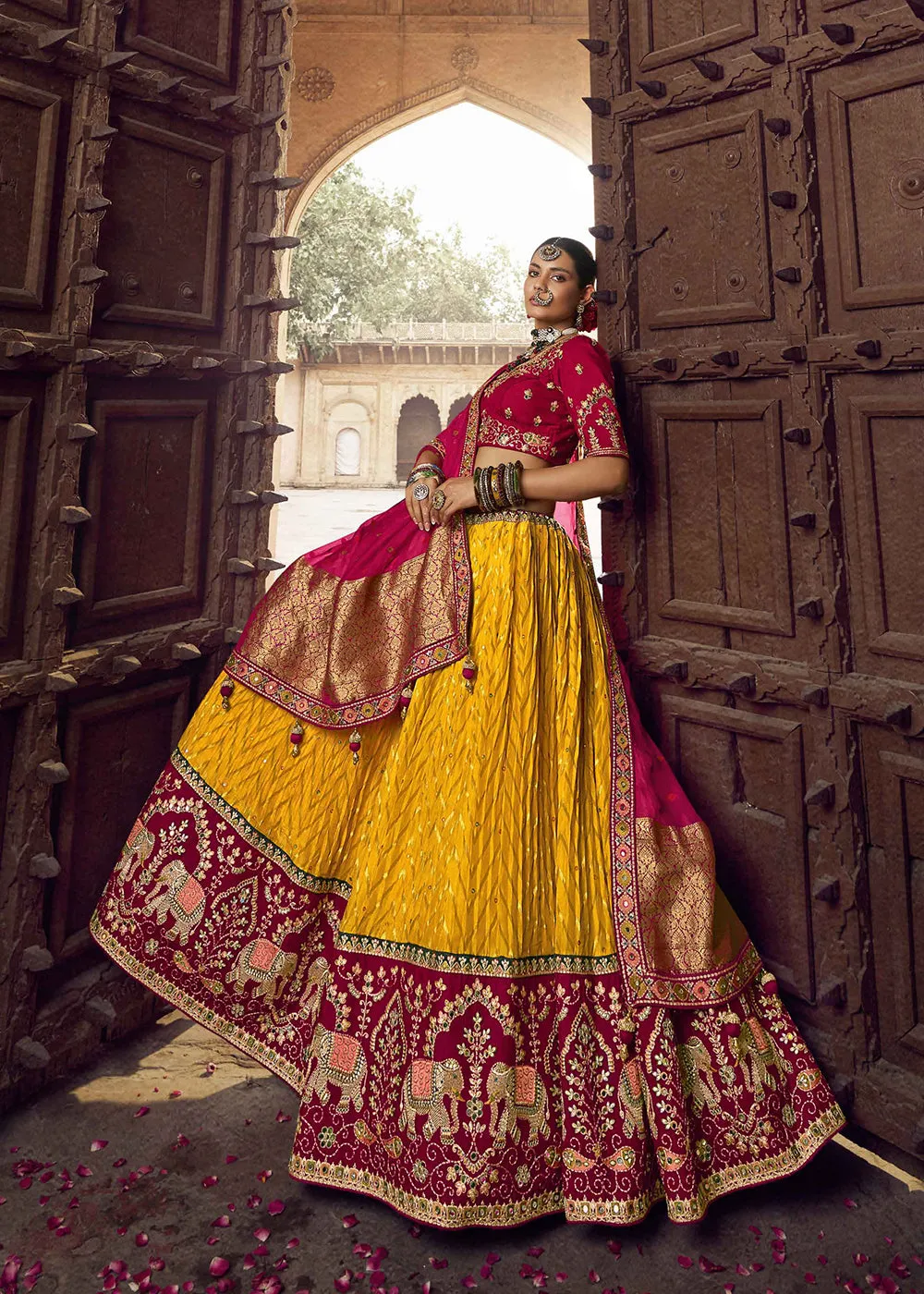 Heavy Viscose Mustard & Maroon Embroidered Bridal Lehenga Choli