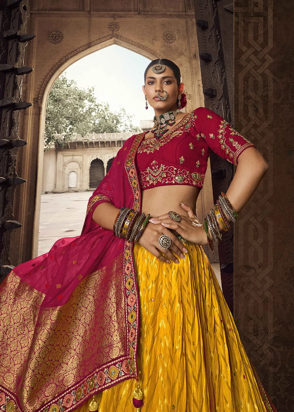 Heavy Viscose Mustard & Maroon Embroidered Bridal Lehenga Choli