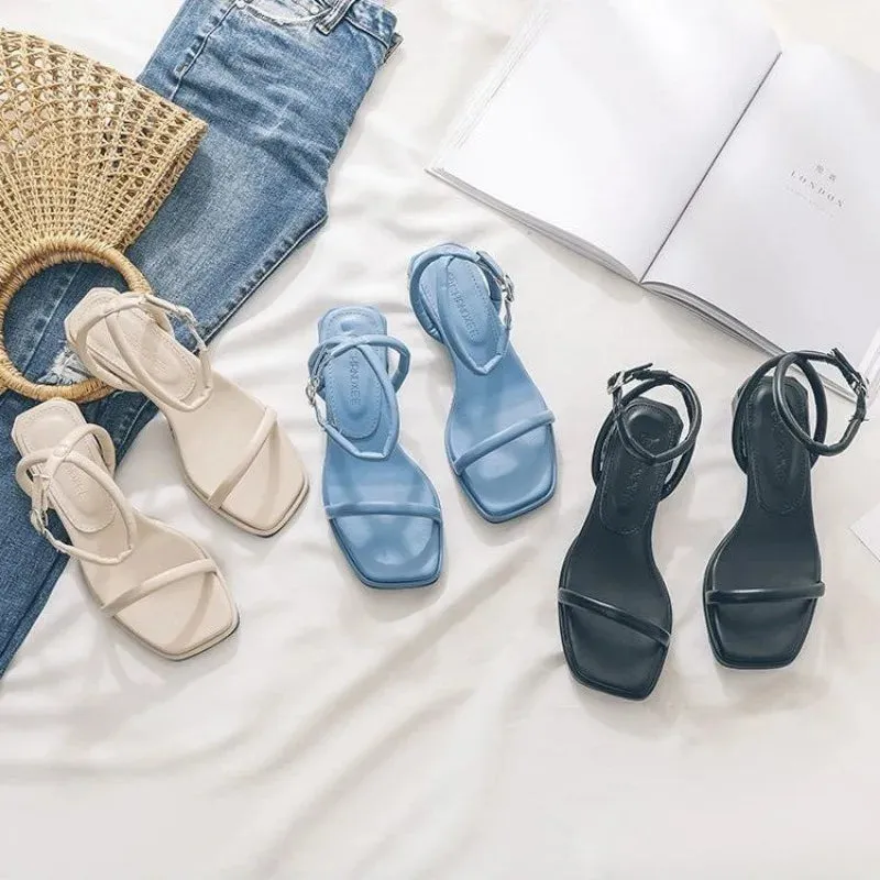 Hnzxzm Fashion Summer Shoes Woman's Sandals Narrow Band Vintage Square Toe Ankle Strap Thong Sandalias Shape Design Elegant Women 35-40