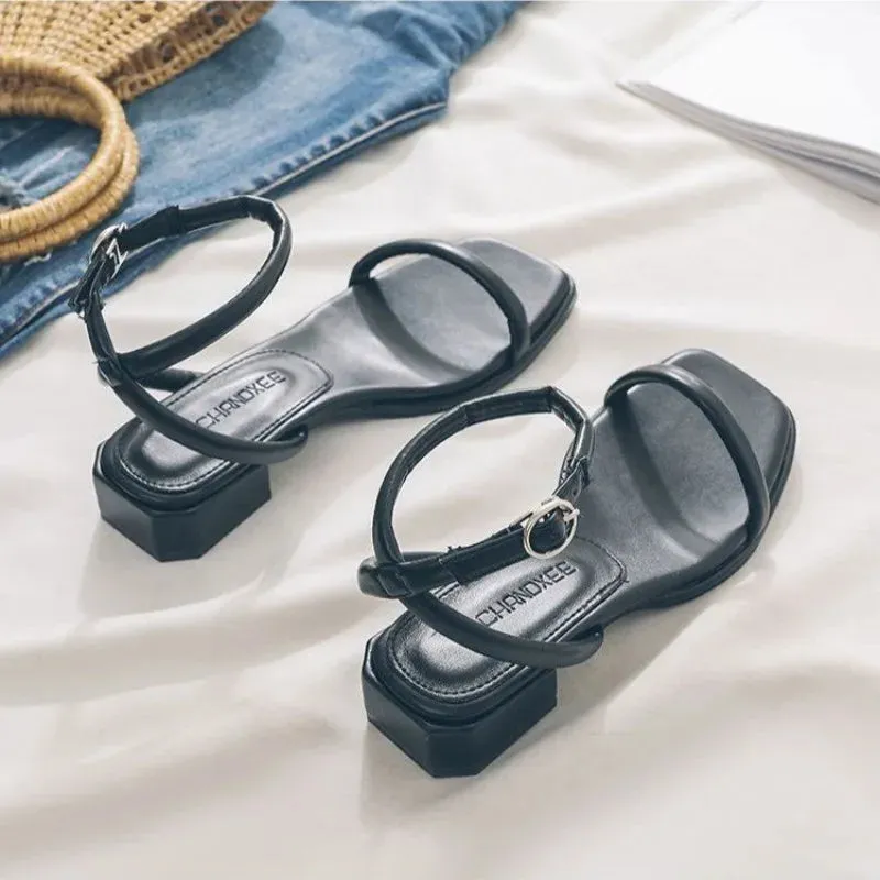 Hnzxzm Fashion Summer Shoes Woman's Sandals Narrow Band Vintage Square Toe Ankle Strap Thong Sandalias Shape Design Elegant Women 35-40