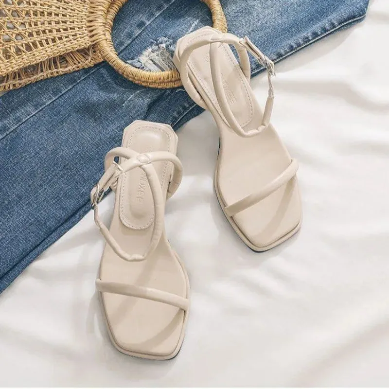 Hnzxzm Fashion Summer Shoes Woman's Sandals Narrow Band Vintage Square Toe Ankle Strap Thong Sandalias Shape Design Elegant Women 35-40