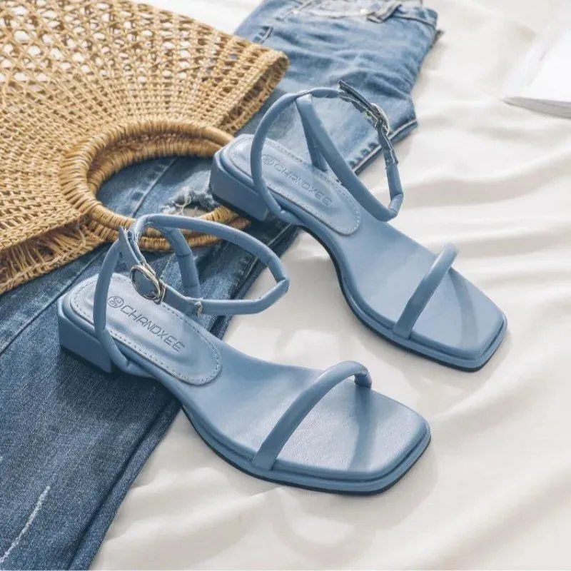 Hnzxzm Fashion Summer Shoes Woman's Sandals Narrow Band Vintage Square Toe Ankle Strap Thong Sandalias Shape Design Elegant Women 35-40