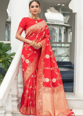 Imperial Red Soft Banarasi Silk Saree with Floral Zari work | Stitched Blouse